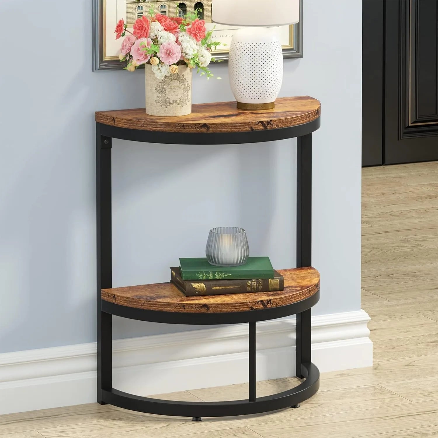 Halvra – Halvcirkelformet Sidebord med 2 Hylder & Minimalistisk Trætop