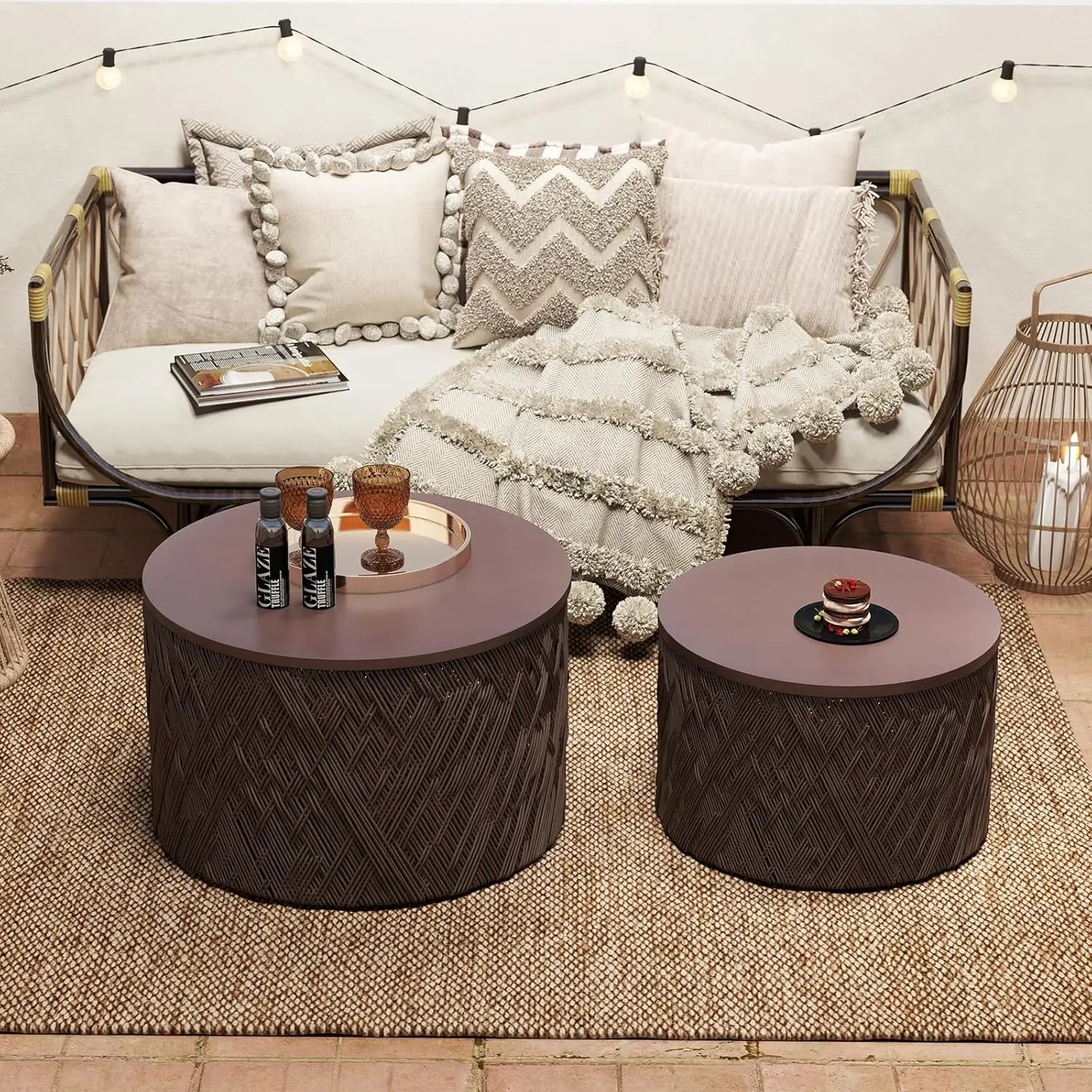 Naturivo – Sæt af Indskudsborde i Rattan med Rundt Design & Pladsbesparende Funktion