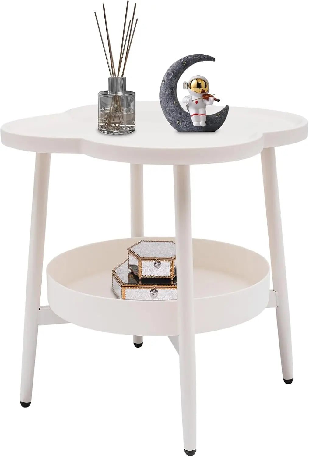 Florvia – Blomsterformet Sidebord med 2 Hylder & Skulpturelt Design i Cremehvid